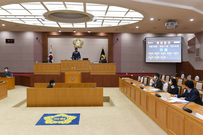 정덕영 양주시의회 의장이 21일 열린 제325회 임시회 제2차 본회의에서 전자투표 시스템을 활용하여 안건 표결처리를 하고 있다.