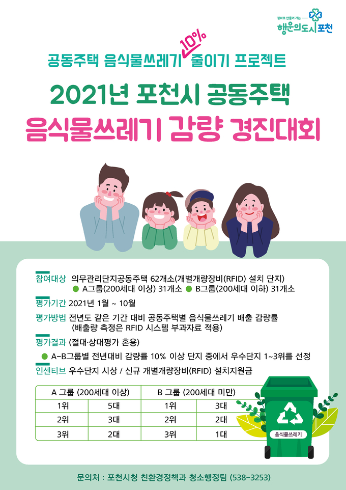 포천시는 시민들과 공동주택 관리자들의 음식물쓰레기 감량 의식을 높이고 쾌적한 환경조성을 위해 ‘2021년 공동주택 음식물쓰레기 감량 경진대회’를 추진한다.