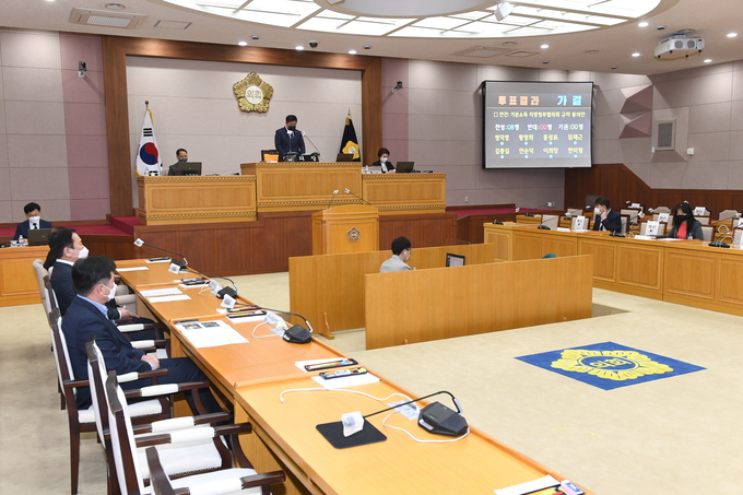 양주시의회 제327회 임시회 2차 본회의에서 양주시장이 제출한 기본소득 지방정부협의회 규약 동의안을 시의원들이 표결 처리하고 있다.