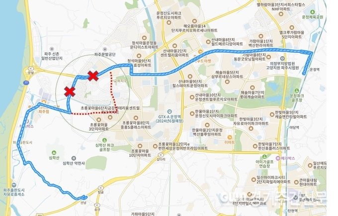  파주시는 심학산로 출판도시교차로 개통(임시)으로 기존 운행 중인 마을버스 074번 노선 변경을 통해 초롱꽃마을 주민의 교통 이동권을 확대한다고 밝혔다. <br>