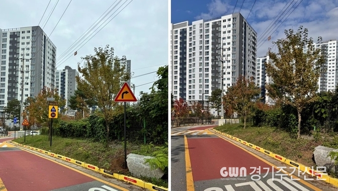 의정부시는 고산지구 도로에 과도하고 불필요하게 설치된 표지를 통합 정비하는 ‘도시 비우기 프로젝트’를 실시했다고 11일 밝혔다.(좌-프록젝트 실시 전 / 우-프로젝트 실시 후) / 사진=의정부시
